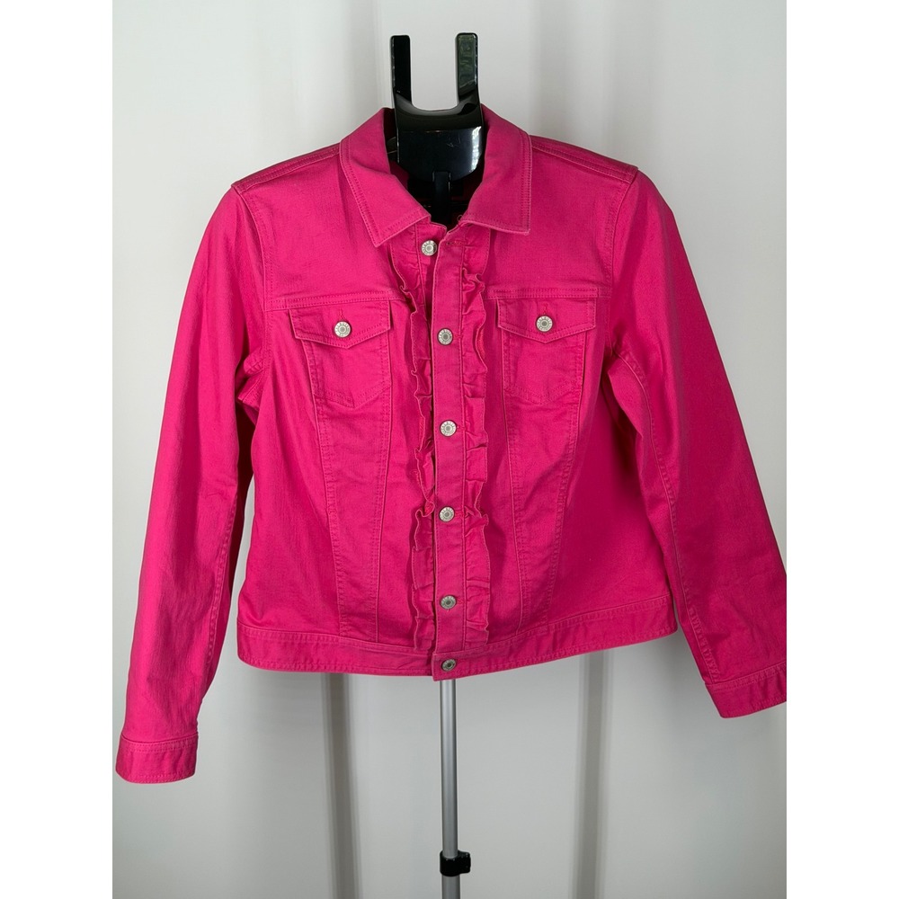 Talbots Womens Hot Pink Ruffle Trim Denim Jacket Size L Cotton Blend Stretch